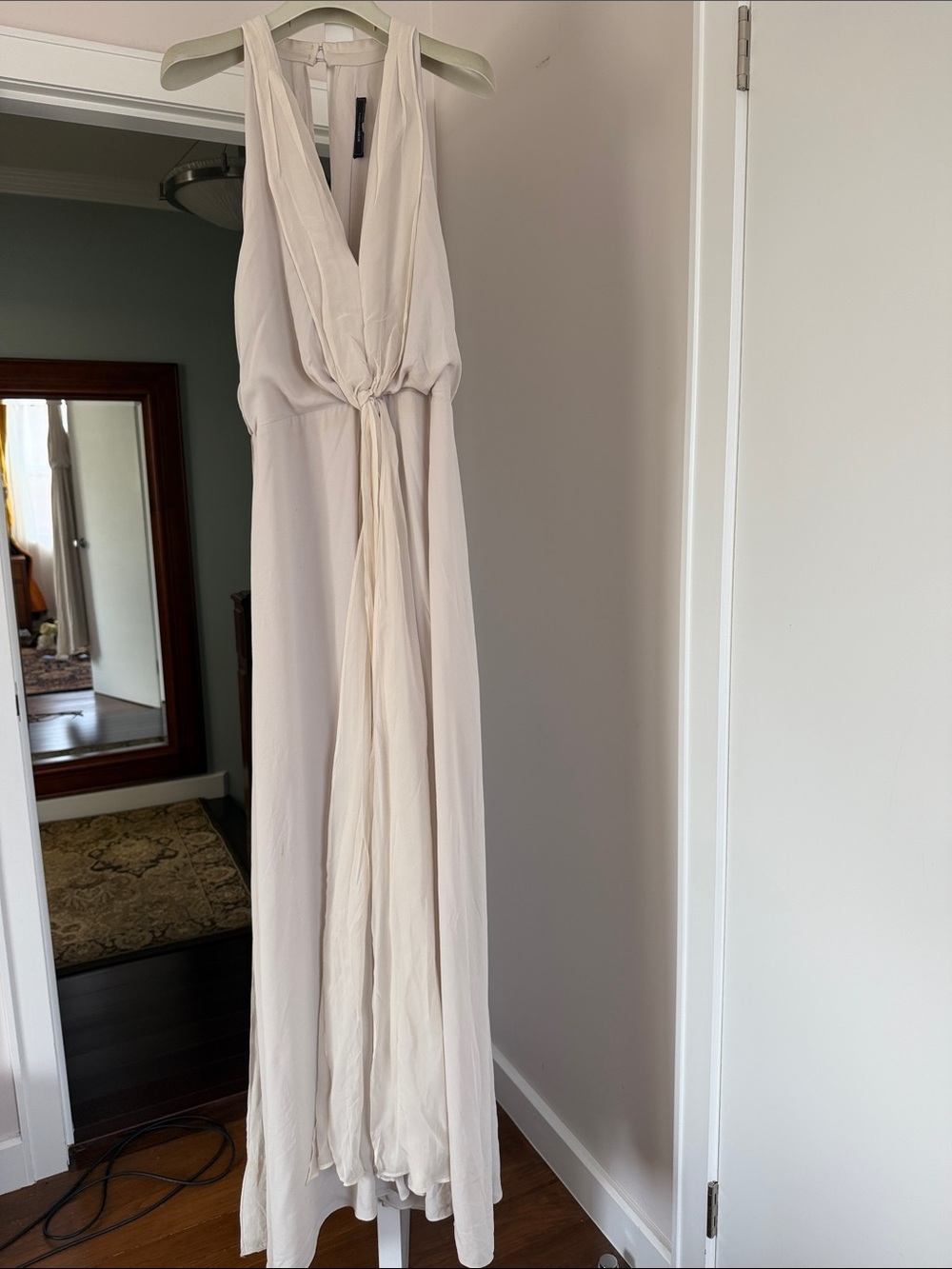 BCBGMaxAzria "Mara" Taupe Beige Halter Maxi Dress  Front Knot Silk  Gown size M